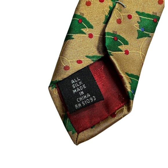 Holiday Traditions Christmas Tree Pattern Silk Tie Gold & Green By Hallmark Lice - Picture 6 of 8